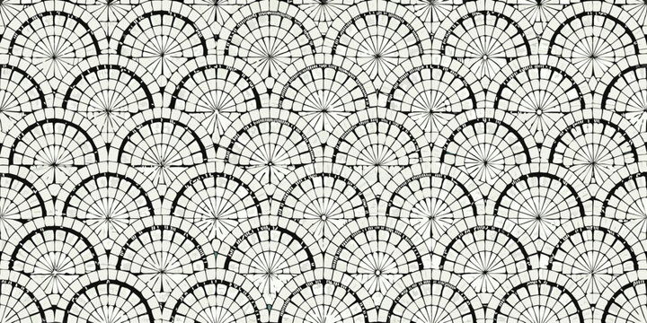 Intricate black and white scalloped pattern resembling fan shaped architectural details