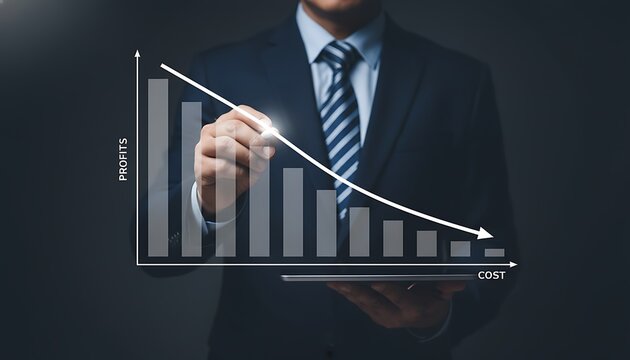 Businessman analyzing profit growth and cost reduction graph on digital tablet