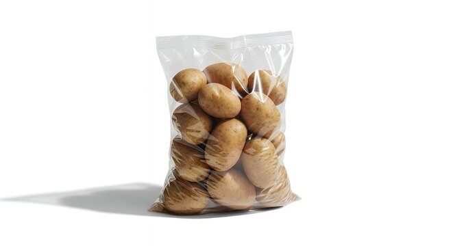 Fresh potatoes in a clear plastic bag isolated on a white background