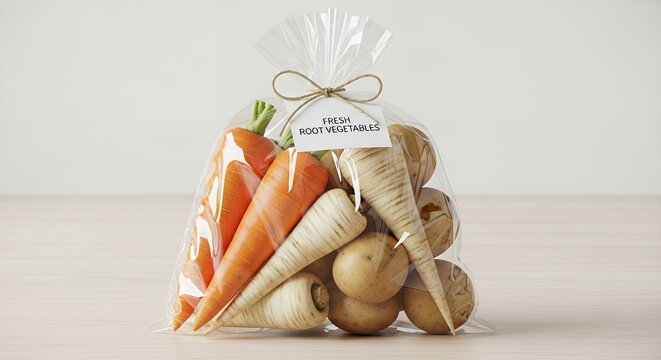 Fresh root vegetables assortment in clear bag tied with decorative bow