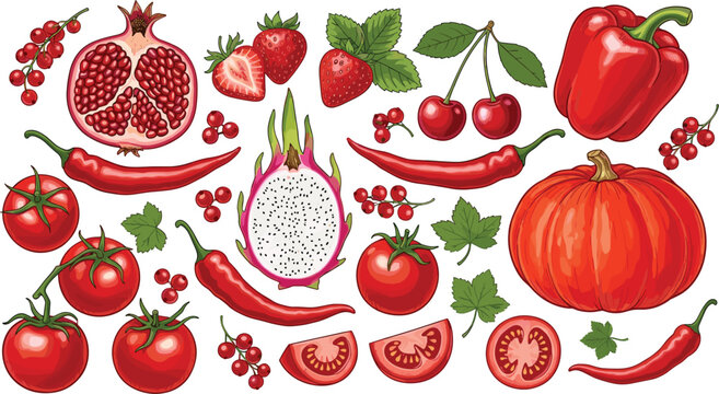 Red fruits and vegetables vector set. Tomato, pepper, pumpkin, cherry, strawberry, and pomegranate collection. Fresh organic food illustration for cooking and grocery design.
