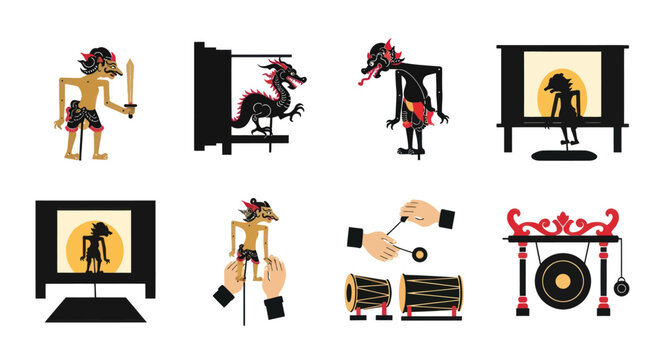Indonesian Wayang Kulit Shadow Puppets and Gamelan Music Icons