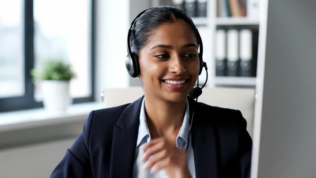 Professional woman customer service representative wearing headset in office