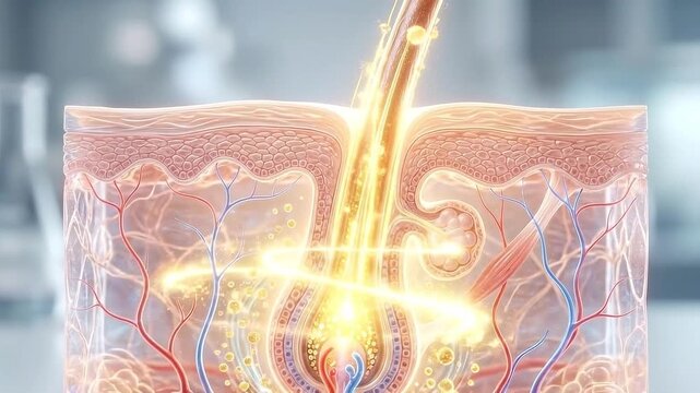 Hair follicle skin anatomy cross section showing dermis epidermis cuticle pore, intricate structure with sebaceous gland, blood vessel, nerve, glowing medical science detail in skin layers