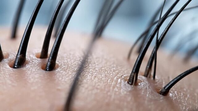 Macro skin hair follicle pore texture closeup detail surface epidermis, intricate scalp structure with visible hair root and pores, natural dermatology texture in shallow depth of field closeup