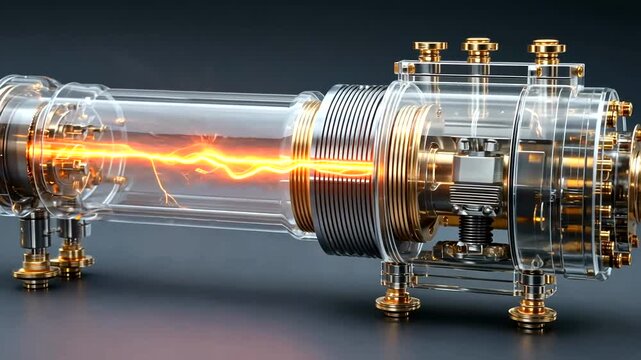 A glowing glass and gold Tesla coil sparks on a dark surface  (41)