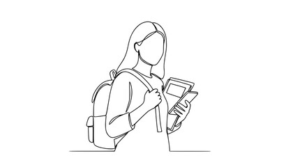 Continuous one line college student woman with backpack mobile university vector illustration isolated on white background © MD HAJIRUDDIN