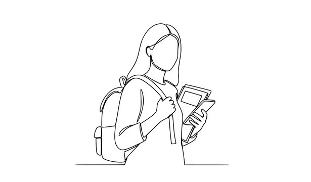 Continuous one line college student woman with backpack mobile university vector illustration isolated on white background