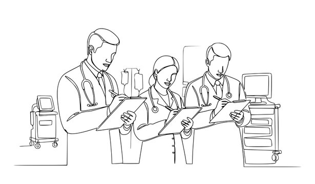 Doctors taking notes in hospital continuous line art vector illustration isolated on white background