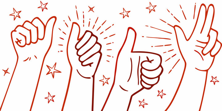 Hands making various signs with stars and celebratory sparkles