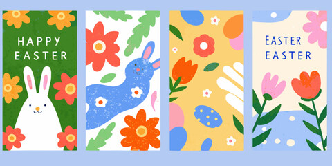 Colorful easter banners with flowers rabbits and festive greetings © PabanBiswas