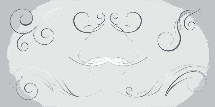 A grayscale illustration of swirls flourishes and a whimsical mustache