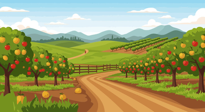 Orchard Landscape with Ripe Apples and Rolling Hills