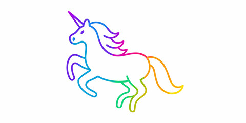 A colorful whimsical unicorn illustration with a rainbow mane and horn © Tapan