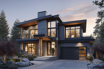 Fototapeta premium Modern house exterior with stone and wood facade, large windows, and garage at dusk surrounded by trees and landscaping, creating peaceful and inviting atmosphere