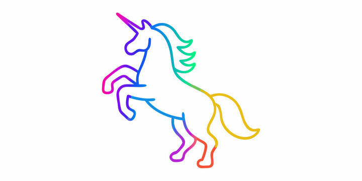 Colorful outline of a rearing unicorn with a rainbow gradient mane