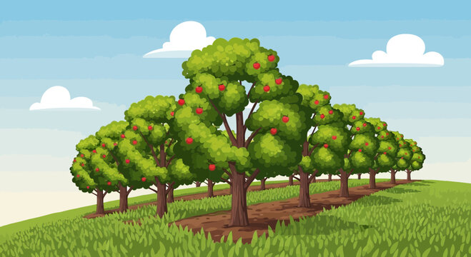 Pixel Art Apple Orchard on a Sunny Day with Blue Sky and Clouds