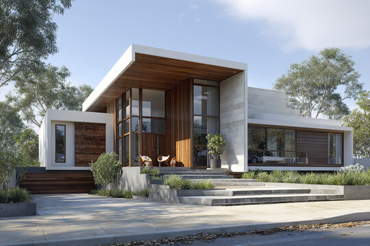 Modern house exterior with wood paneling and large glass windows, surrounded by greenery and clear sky, showcasing contemporary architecture and peaceful outdoor seating area