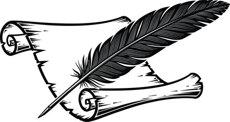 feather quill and scroll icon, vintage writing symbol, parchment paper illustration, classic calligraphy tool, historical document concept, flat vector illustration © Rahena ARAFAT