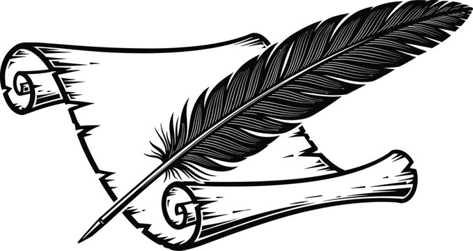 feather quill and scroll icon, vintage writing symbol, parchment paper illustration, classic calligraphy tool, historical document concept, flat vector illustration