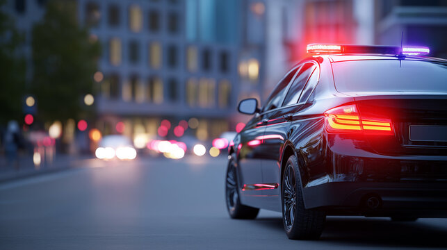 Police car with flashing lights in city at night, symbolizing law enforcement, emergency response and public safety.