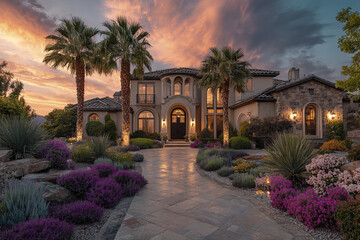Obraz premium Luxury house exterior with palm trees and colorful garden at sunset, featuring stone pathway and warm lighting creating welcoming and elegant atmosphere in residential area