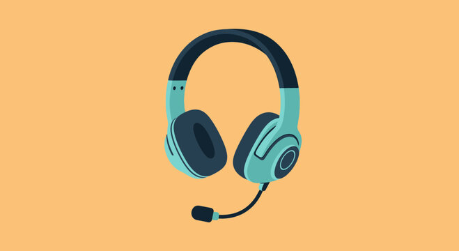 Turquoise headset with microphone on an orange background, vector illustration