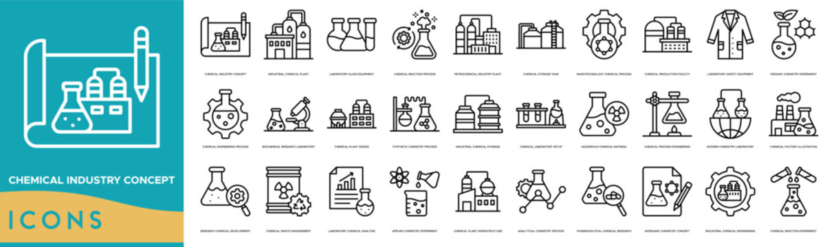 Chemical Industry Concept icon set. Chemical Industry Concept, Industrial Chemical Plant, Laboratory Glass Equipment, Chemical Reaction Process, Petrochemical Industry Plant and Chemical Storage Tank