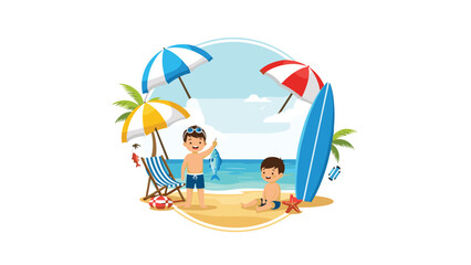 Obraz premium Two boys enjoy a day at the beach with a surfboard and beach chairs while one holds up a fish he just caught.