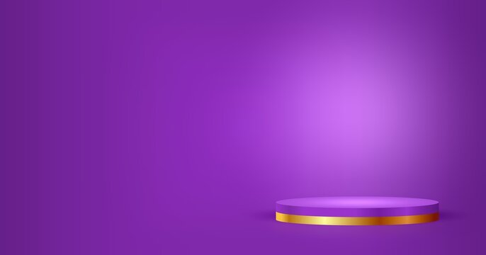 Double podium in purple and gold colors. Minimal empty background 3d. Diffused spot of light behind podium.