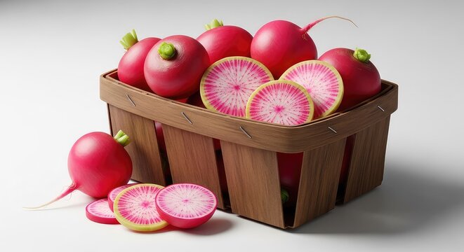 Vibrant pink radishes sit in a rustic wooden basket, some sliced thin to reveal beautiful concentric circles and crisp white inner flesh, market, detail, farm