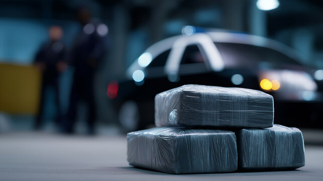 Suspicious packages wrapped in plastic on street with car in background, symbolizing crime, drug trafficking and illegal activity.