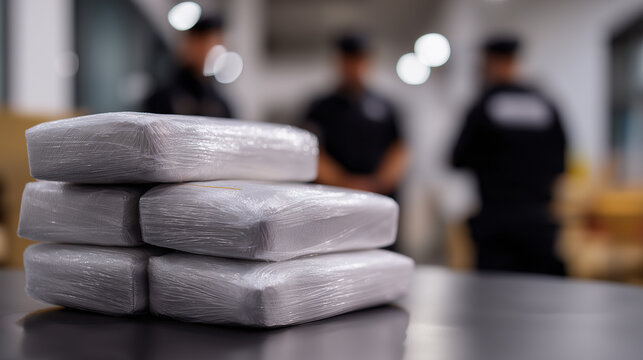 Stack of seized drug packages on table with blurred police officers in background, symbolizing crime investigation and law enforcement.