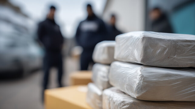 Stack of seized drug packages on table with blurred police officers in background, symbolizing crime investigation and law enforcement.