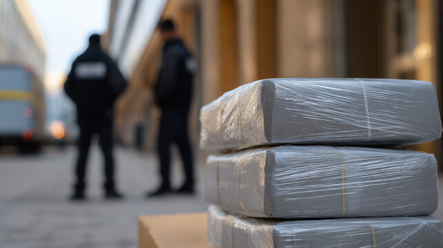 Stack of seized drug packages on table with blurred police officers in background, symbolizing crime investigation and law enforcement.