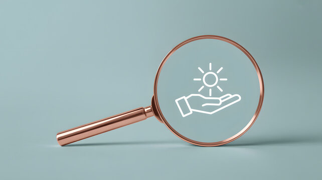 Golden magnifying glass with hand and sun icon on blue background symbolizing protection and care