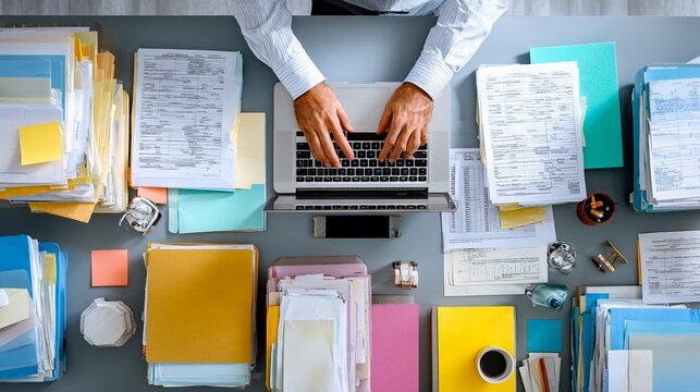 Overhead cluttered office desk with laptop