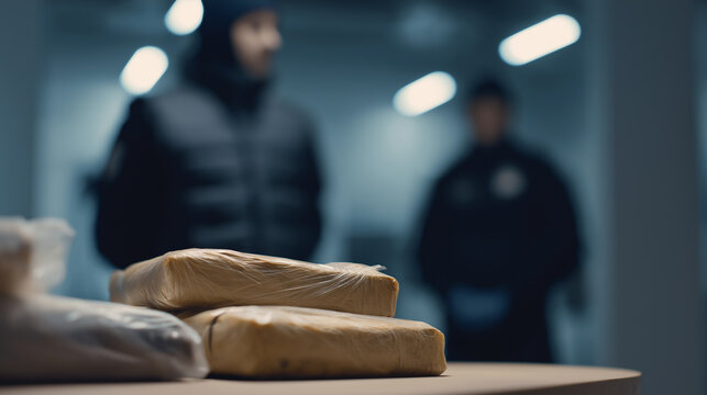 Stacks of wrapped illegal packages on table with police officers in background, symbolizing drug trafficking and law enforcement.