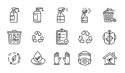 Fototapeta premium Sanitation Line Icons Collection with Hygiene Cleaning Disinfection Waste Management and Safety Symbols Vector Set