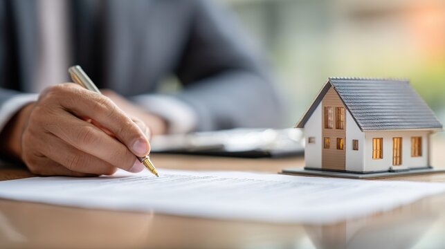 Signing real estate contract model house on desk
