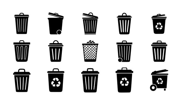 Trash can icon set black garbage bin silhouette vector illustration isolated on white