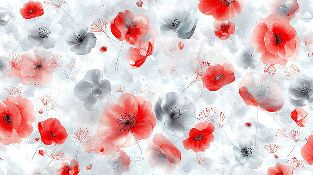 Beautiful floral pattern featuring gray and red flowers with delicate details, creating whimsical and enchanting atmosphere