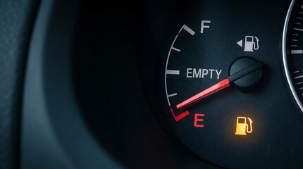 Naklejka premium Car Fuel Gauge Showing Empty with Warning Light – Low Fuel and Energy Crisis Concept