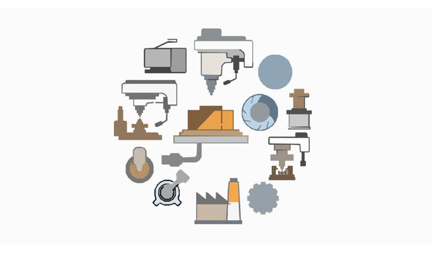 Milling Machine Line Icons Collection with CNC Equipment Precision Machining and Industrial Automation Symbols Vector