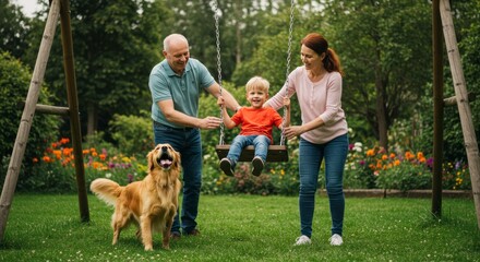 Fototapeta premium Family enjoying outdoor time with dog swinging child in backyard