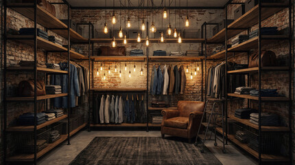 Fototapeta premium A well-organized walk-in closet with exposed brick walls and industrial-style lighting illuminating clothing racks and shelving