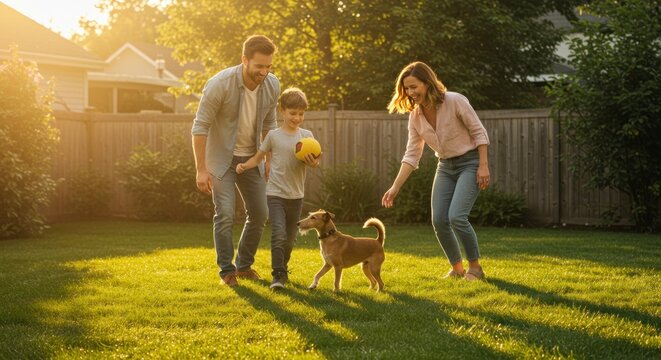 Family playing with a dog on a sunny day in a backyard