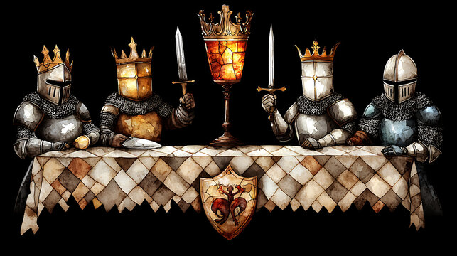 Knights table stained glass medieval armor goblet crown swords shield fantasy artwork colorful historical knights of round table decoration