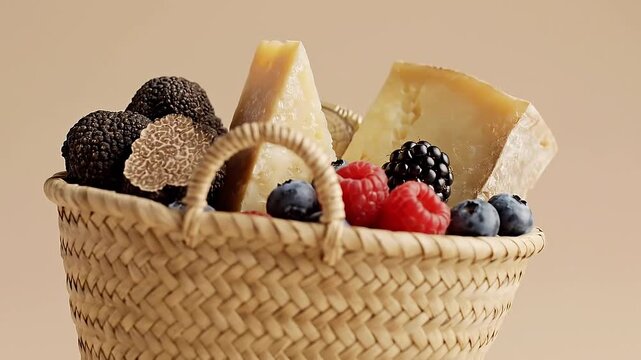 Cheese truffle berry basket gourmet food inflation concept with rustic woven wicker basket, coin stack and fruit assortment beige background, rising grocery price pressure ingredient for luxury