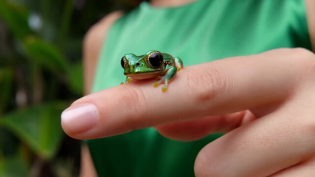 Tropical Fashion Model holding green Frog on Finger